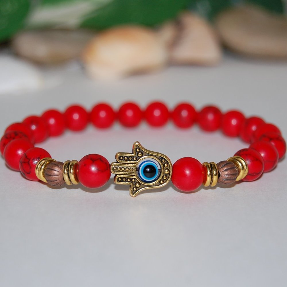 Red Howlite Bracelet,Hamsa Hand Bracelet,Red Hamsa Hand Bracelet,Red Bra…